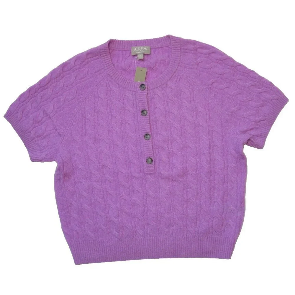 NWT J.Crew Cashmere Cable-knit Henley T-shirt in Radiant Orchid Sweater M